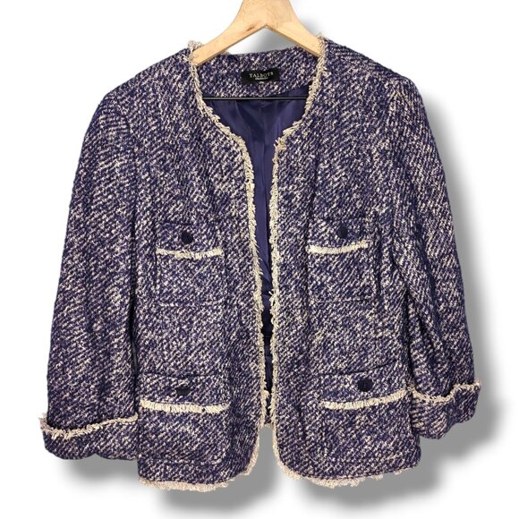 Talbots Blazer 14 Wool Mohair Alpaca Blue Tweed Open Front Office Lady Jacket - Picture 1 of 7